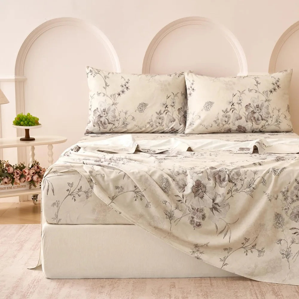 Beige Queen Sheet Set 100% Cotton Flannel-Like Warm Luxury Peony Toile Floral Bed Sheets 4Pc Deep Pocket 17.5", Double Brushed Extra Soft Breathable, Fall/Winter French Country Bedding