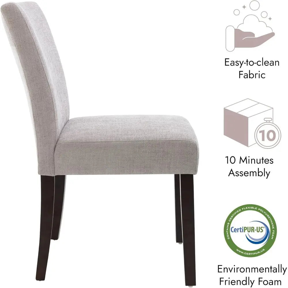 Gray Upholstered Dining Chairs with Low Backrest, Set of 2, Performance Fabric, Wooden Legs