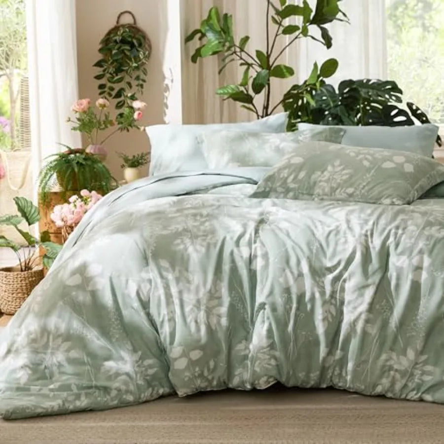 Comforter Set - 7 Pieces Floral Sage Green GentleSoft™ Bedding Sets, Bed in a Bag with Botanical Flowers Winter Comforter, Shee