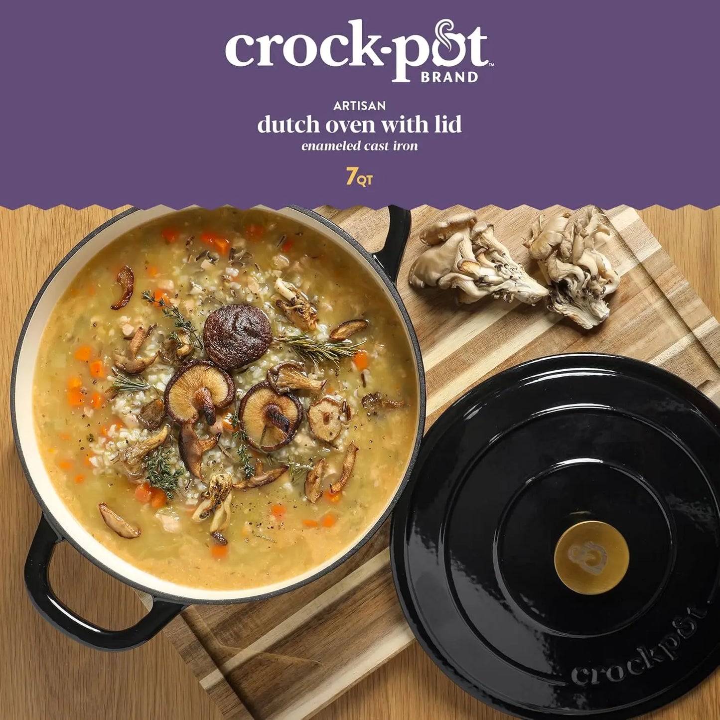 Crock Pot Artisan 7-Quart Round Cast Iron Dutch Oven with Lid – Black Enamel Finish, Gold Knob
