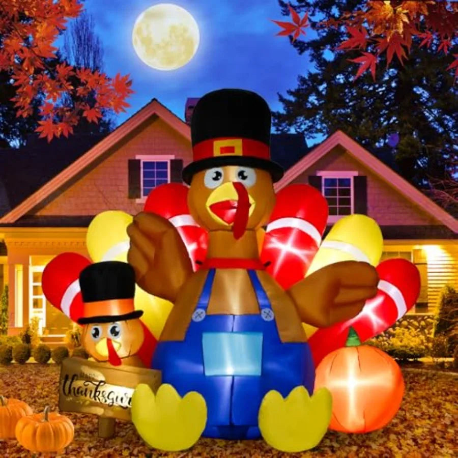 Thanksgiving Outdoor Inflatable Turkey Decoration, Vinyl, Brown, 7.5FT Tall With Built-in LED Light For Lawn And Indoor Use