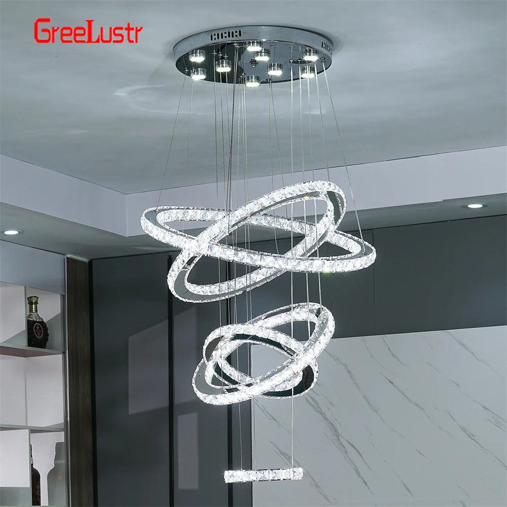 Modern Crystal Chrome Led Pendant Light Fixture Rings Adjustable Chandelier Dimming Lamp  for Living Room Bedroom Hanging Lustre