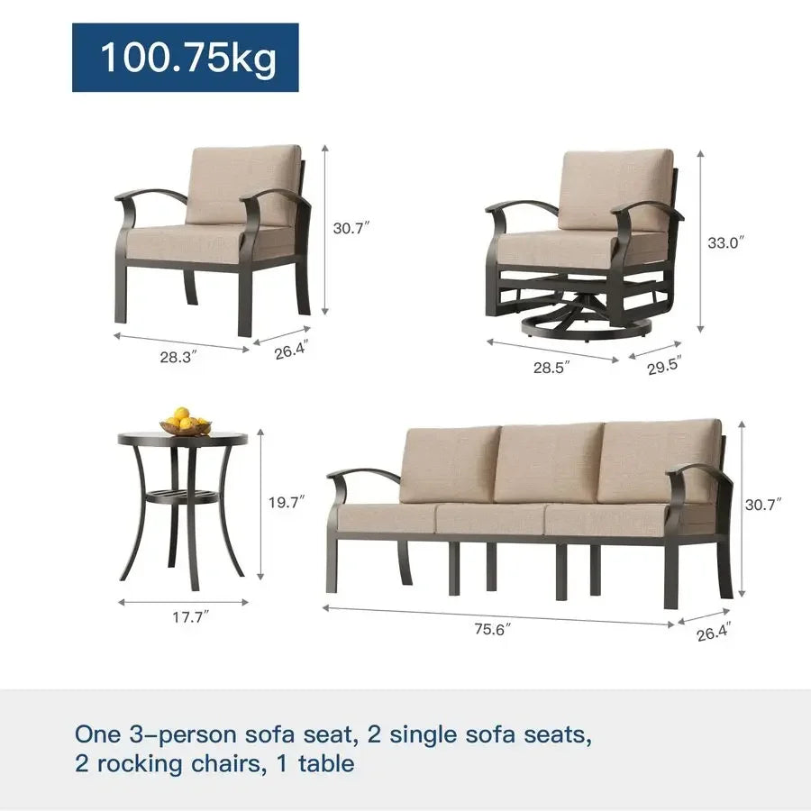Aluminum Patio Furniture Set,6 Pieces 7 Seat Sectional Metal Outdoor Furniture Conversation Set w 5.1 Cushions,Swivel Rocking C