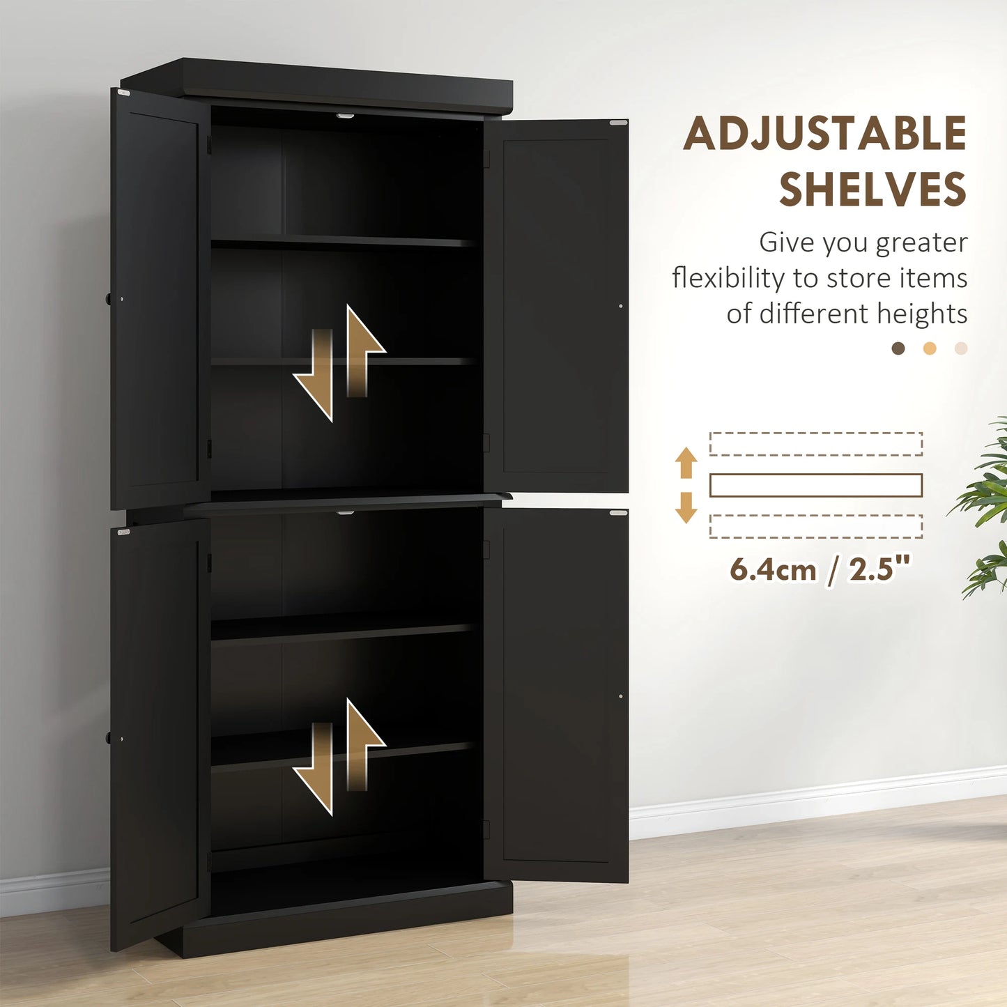 HOMCOM 72.5" Tall Kitchen Pantry Cabinet, Freestanding Modern Farmhouse Kitchen Storage Cabinet with 4 Doors and 2 Adjustable Shelves for Dining Room, Black