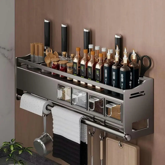 Metal Wall-Mounted Spice Rack with Utensil Holder and Paper Towel Storage for Kitchen Cupboards