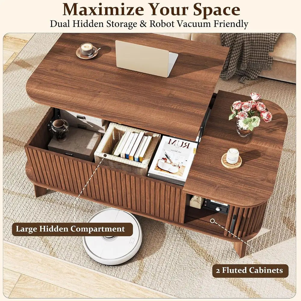 37.4 Large Walnut Coffee Table with Storage and Sliding Door for Living Room & Home Office