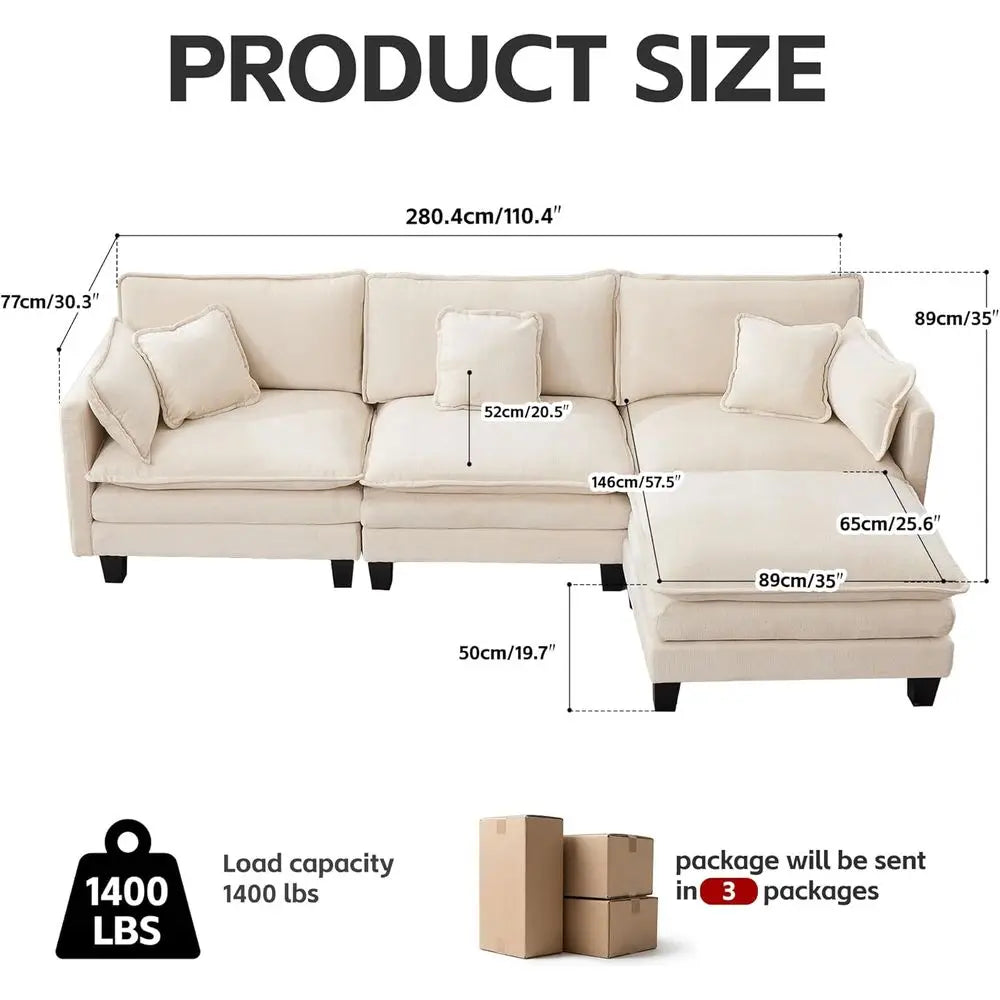 110 L-Shaped Sofa Set with Ottoman, 4-Seat Comfortable Living Room Couch, Deep Seating, Beige Chenille Fabric