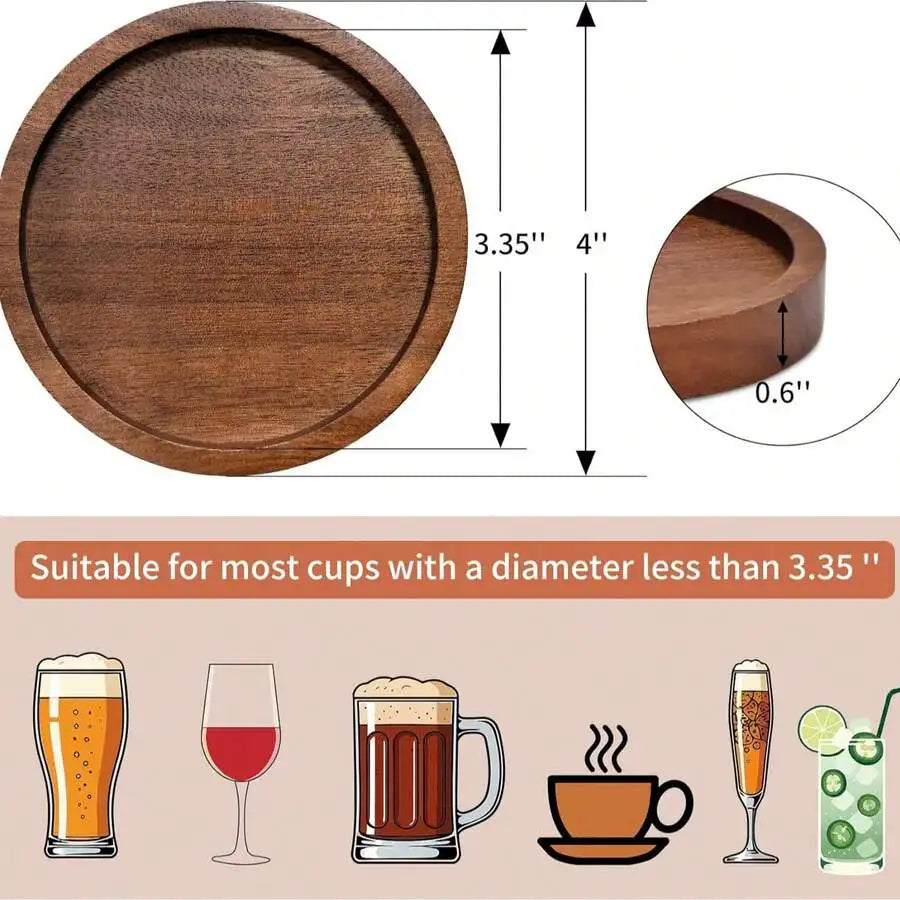 Wood Cork Absorbent Drink Coasters With Holder, Acacia Wood Rustic Farmhouse Coaster Set Of 6 For Coffee Table, Dining Table,