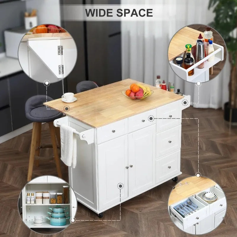 EROMMY Mobile Kitchen Island Cart with Wooden Top, Adjustable Shelves, Storage Drawers & Locking Wheels, White