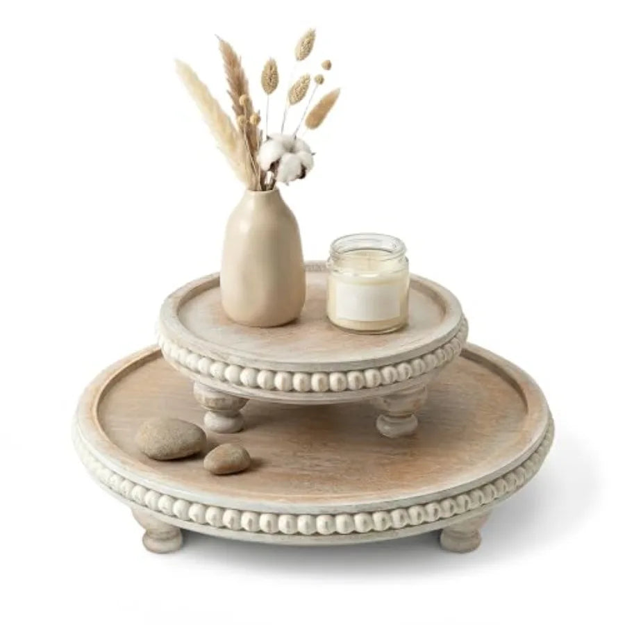 Round Pine Wooden Display Riser Set of 2 for Home Decor - Beaded Pedestal Stand for Bathroom and Coffee Table - Decorative Tray
