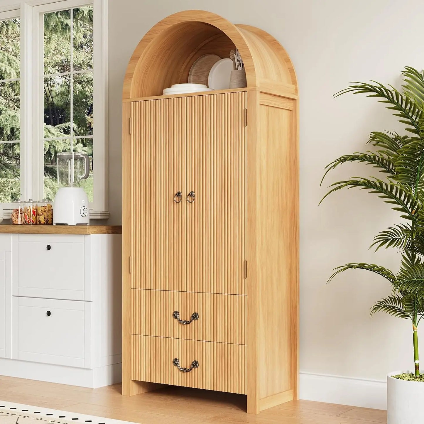 71" Arched Storage Cabinet with Fluted Doors, Tall Wood Pantry with Drawers & Adjustable Shelves, Natural Oak