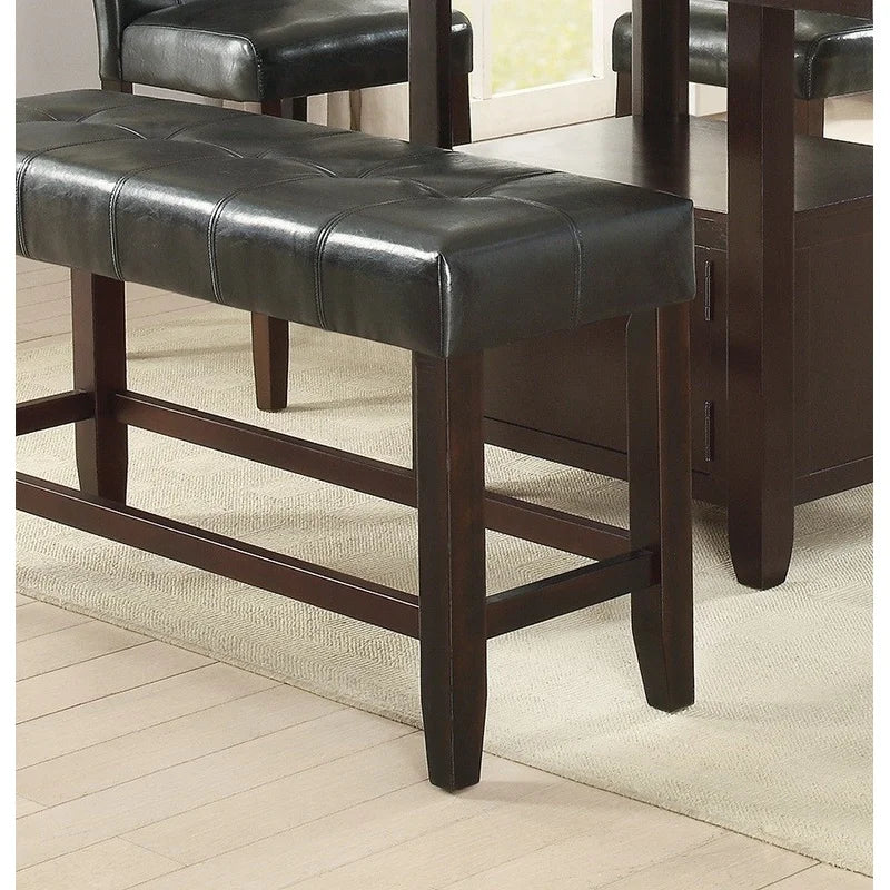 6pc Counter Height Dining Set with Storage Table, 4 High Chairs, 1 Bench, Black Faux Leather Tufted Seats, Faux Marble Top