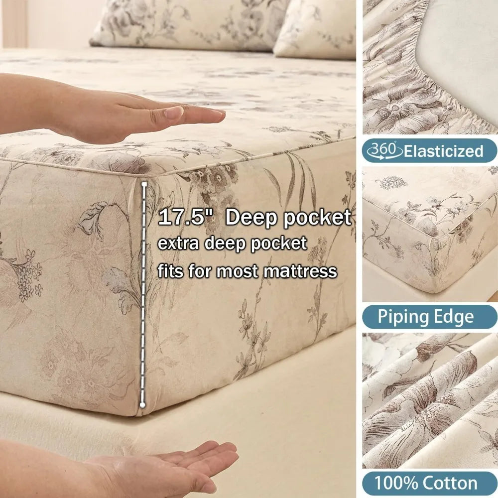 Beige Queen Sheet Set 100% Cotton Flannel-Like Warm Luxury Peony Toile Floral Bed Sheets 4Pc Deep Pocket 17.5", Double Brushed Extra Soft Breathable, Fall/Winter French Country Bedding