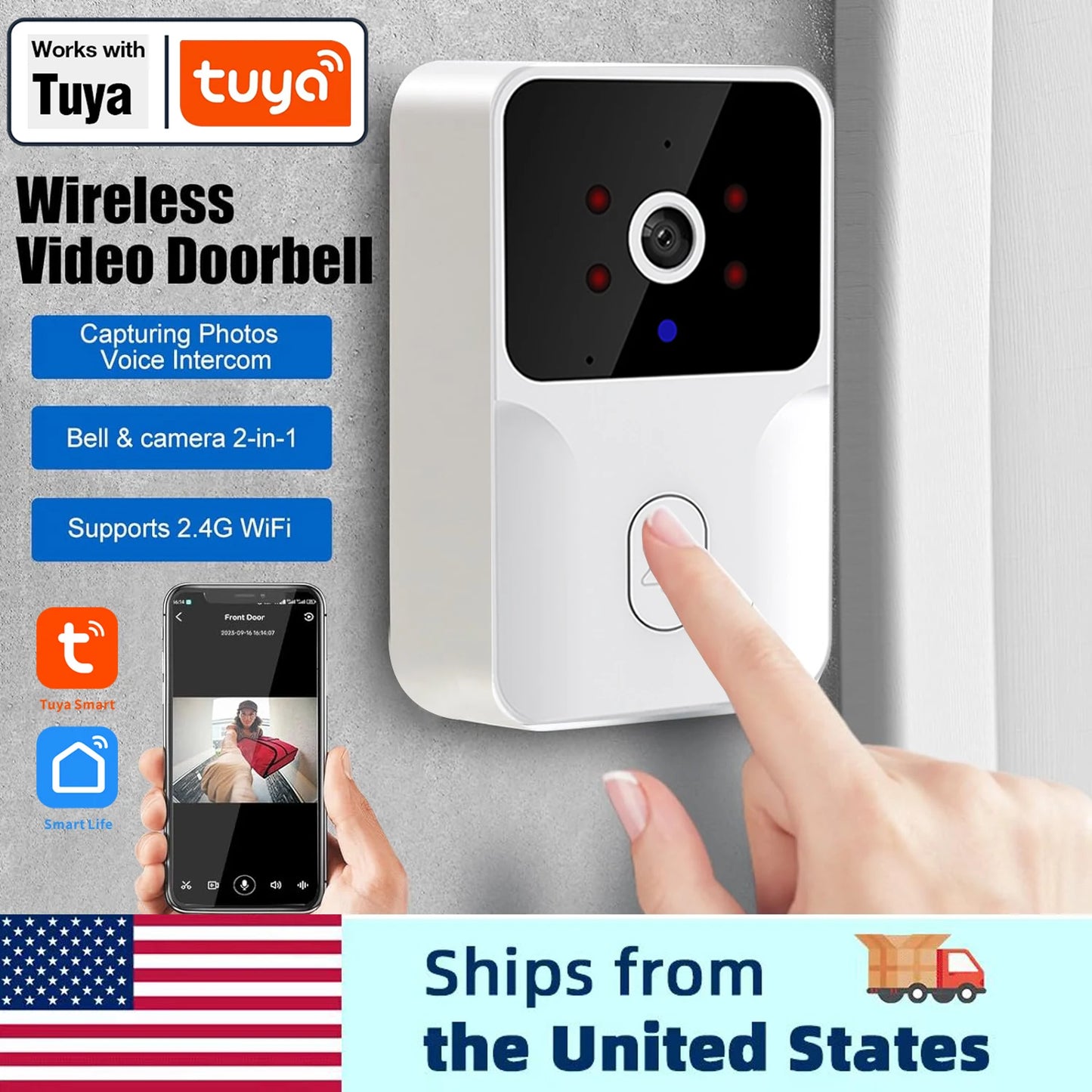 Tuya Smart Video Doorbell Camera 480PHD Wireless doorbell for Home Security, Night Vision, Voice Change, 2-Way Audio, Waterproof