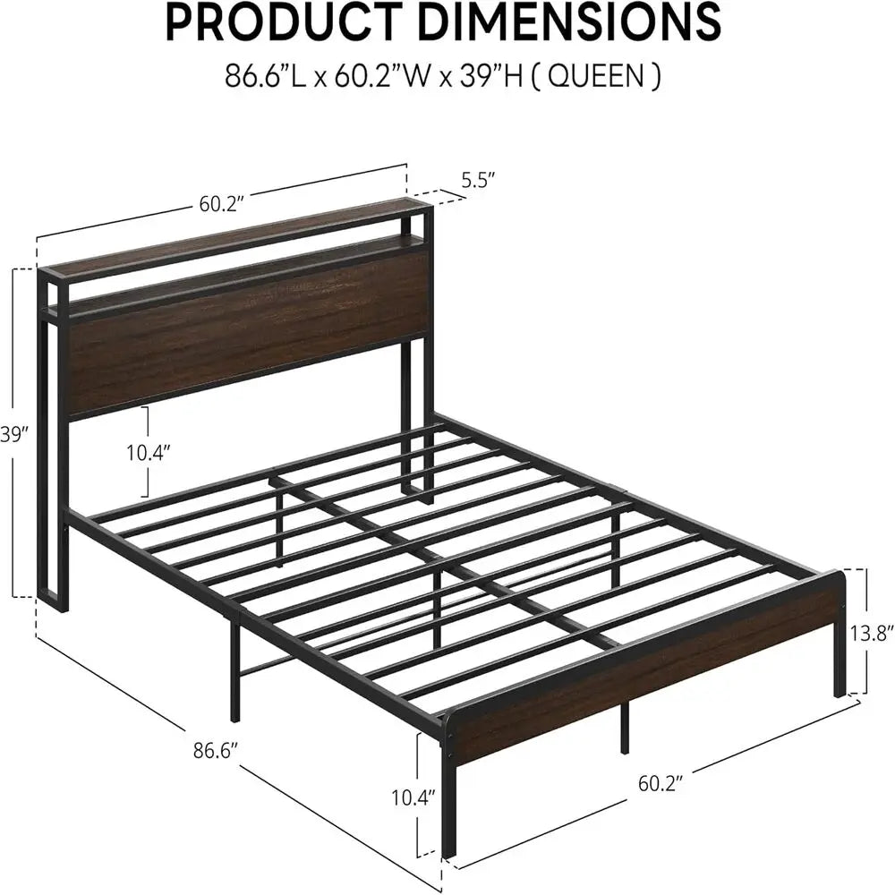LIKIMIO Full/ King / Queen Bed Frame with Headboard, Dark Wood Camas King with Strong Supports, Noise-Free, No Box Spring Needed