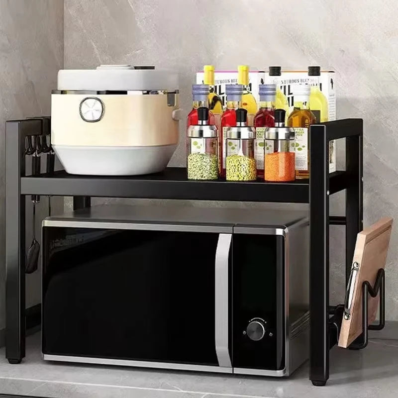 Height Adjustable Microwave Stand, Heavy Duty 2-Tier Kitchen Storage Rack with Hooks, Space Saving Countertop Organizer for Microwave, Air Fryer & Coffee Maker