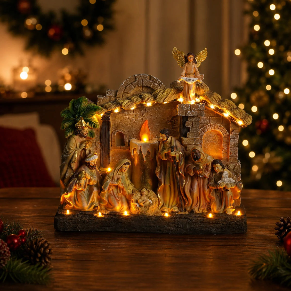 Candle Christ Nativity Desktop Ornament, Rotating Angel, Holy Family, With Religious Music, Window Display Holiday Gift